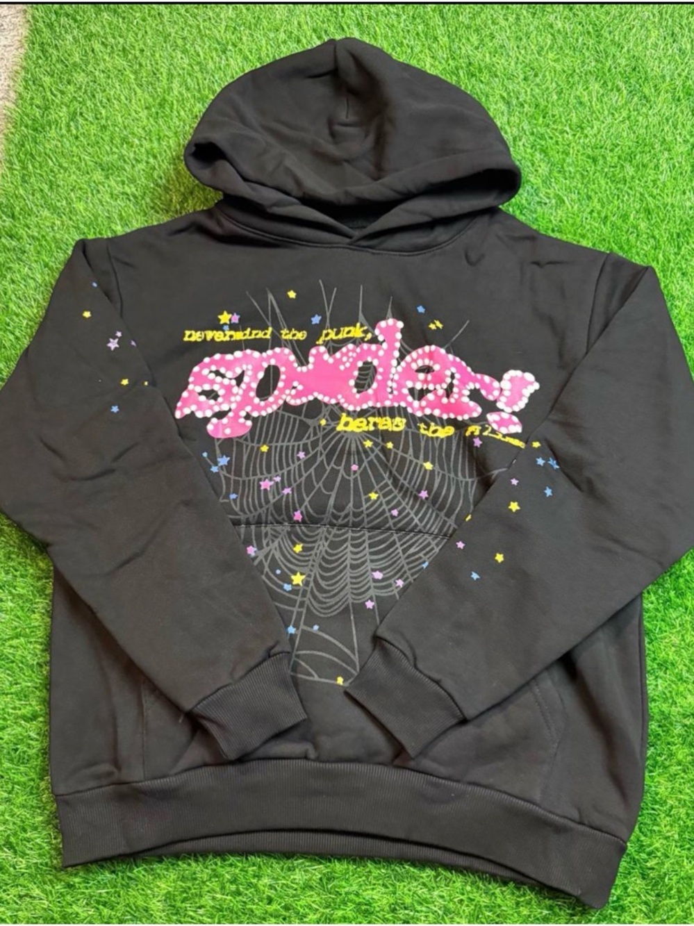 Black Spider Web Graphic Hoodie with Pink Logo